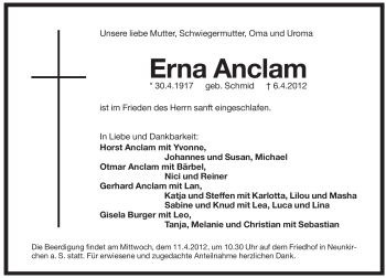 Traueranzeige von Erna Anclam von Pegnitz-Zeitung